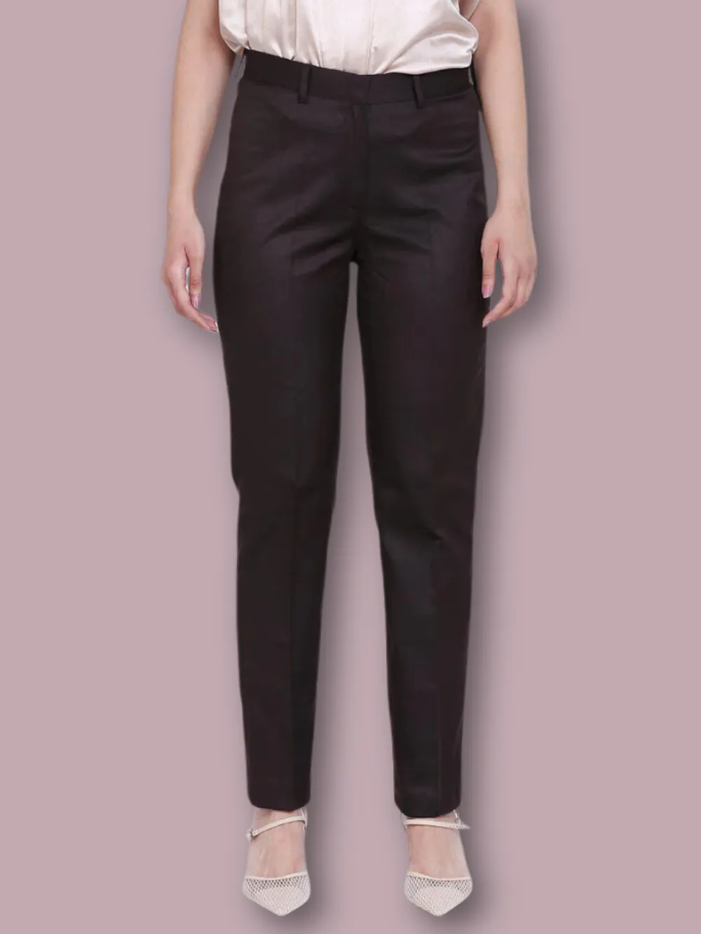Poly Cotton Mid Waist Trouser - Chocolate Brown