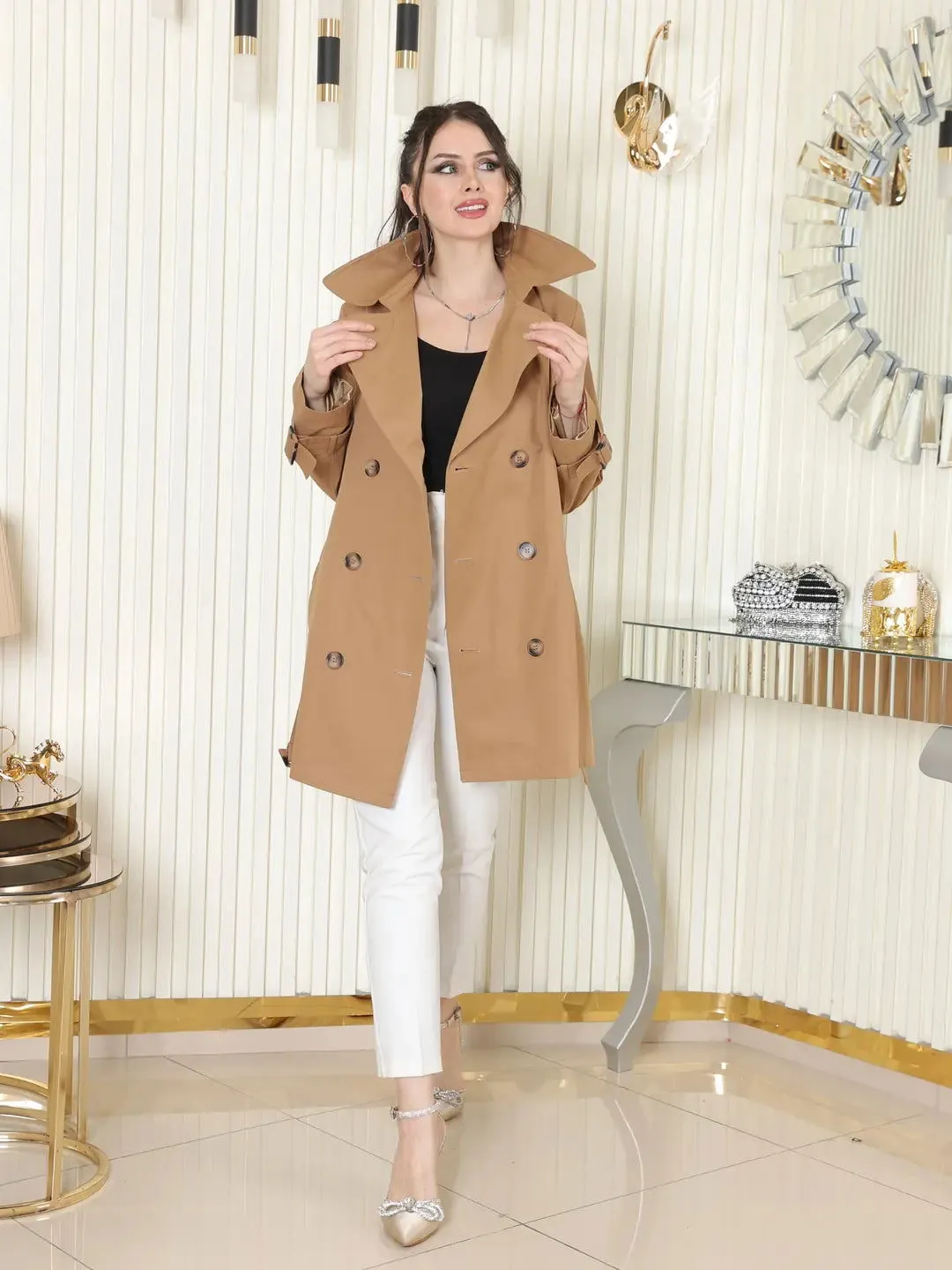 Women's Short Trench Coat with V Metal Detail - Tan - SCB-W12407